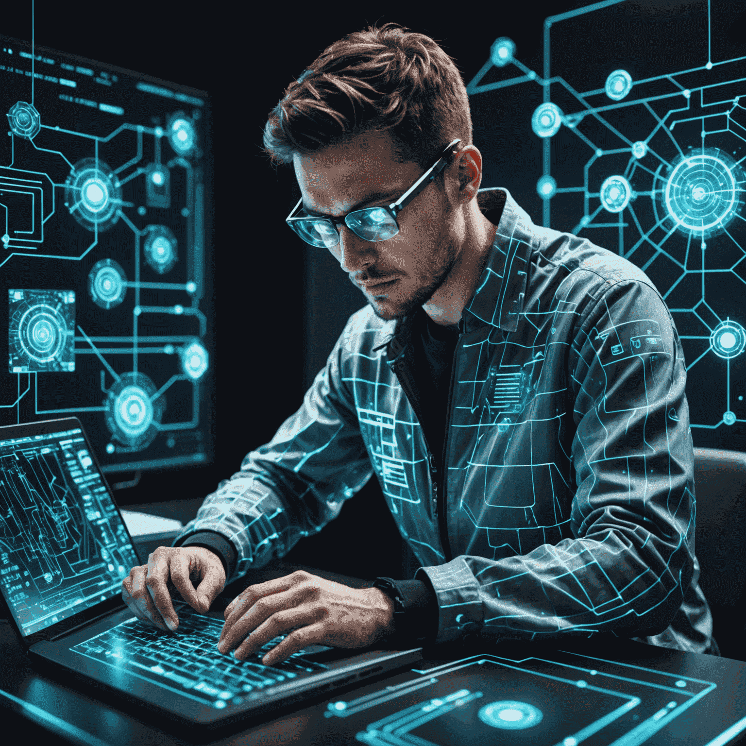 Imagen futurista de un programador trabajando en una interfaz holográfica, rodeado de líneas de código flotantes y símbolos tecnológicos