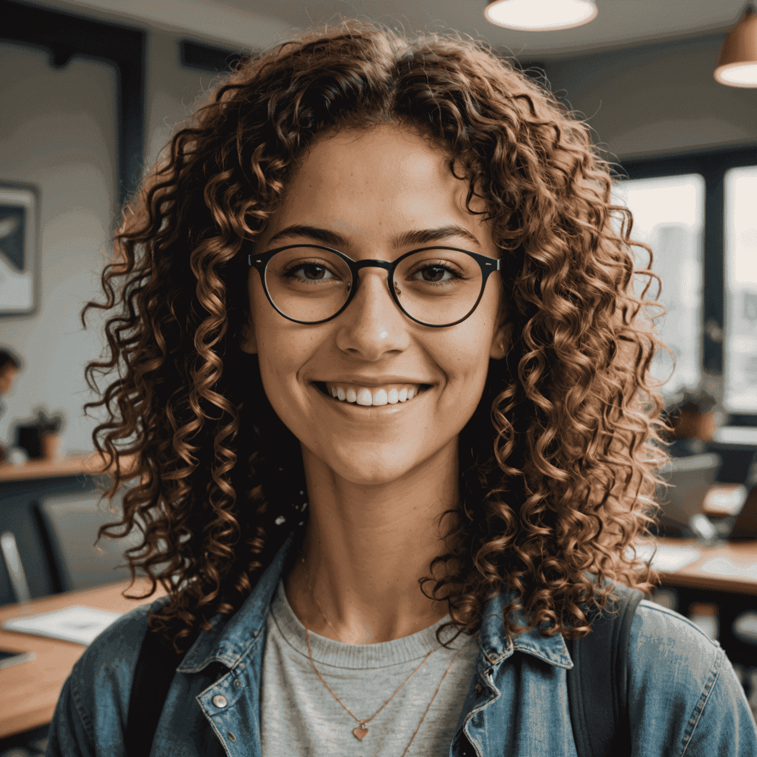 Foto de María, una joven desarrolladora sonriente con gafas y cabello rizado