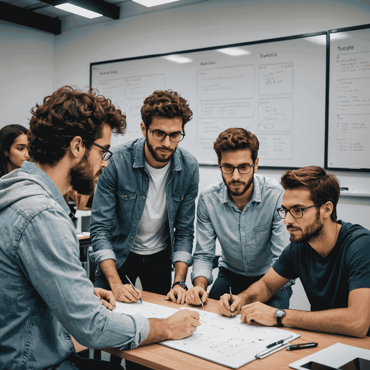 Grupo diverso de jóvenes programadores españoles colaborando en un proyecto, rodeados de pizarras con códigos y diagramas de flujo